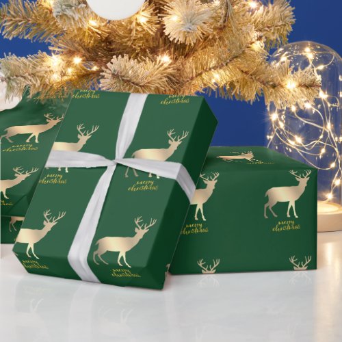 Adorable Gold Reindeers Green Merry Christmas  Wrapping Paper