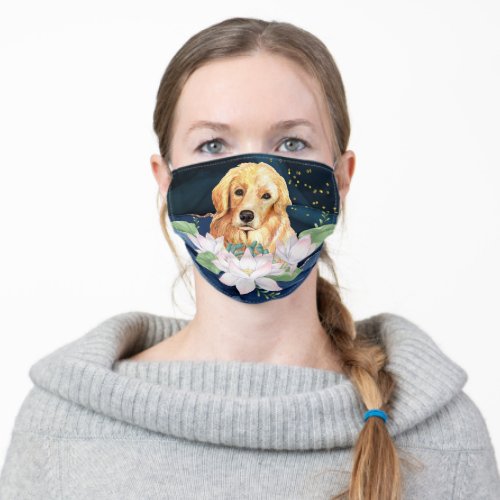 Adorable Golden Retriever dog with flower washable Adult Cloth Face Mask