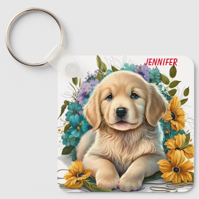 Adorable Golden Retriever Puppy Dog Keychain (Front)