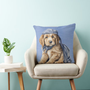ADORABLE GOLDEN RETRIEVER PUPPY WITH BLUE HAT THROW PILLOW