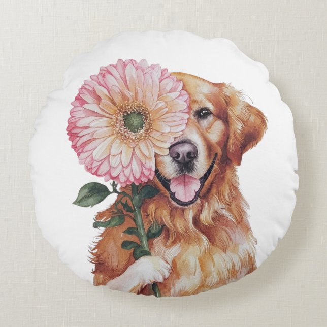 Adorable Golden Retriever Watercolor Illustration  Round Pillow (Front)