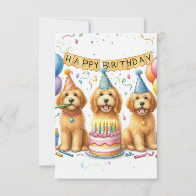 Adorable Goldendoodle Birthday Card with Party Hat (Front)