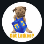 Adorable Got Latkes? Hankukkah Pug Puppy & Dreidel Classic Round Sticker<br><div class="desc">Super cute Hanukkah puppy and dreidel - great gift idea for kids and adults.</div>