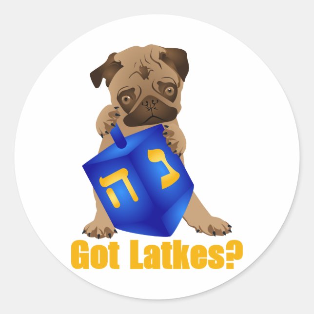 Adorable Got Latkes? Hankukkah Pug Puppy & Dreidel Classic Round Sticker (Front)