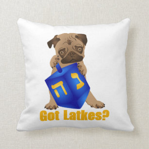 Adorable Got Latkes? Hankukkah Pug Puppy & Dreidel Throw Pillow
