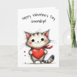 Adorable Gray and White Cat Happy Valentine's Day Card