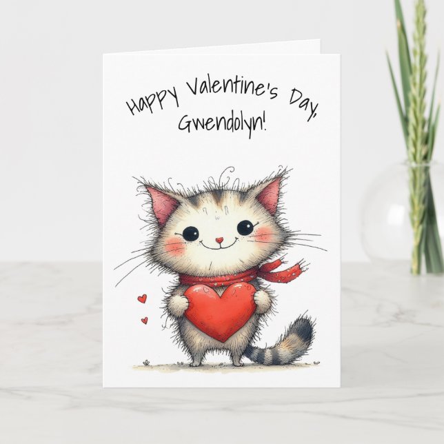 Adorable Gray and White Cat Happy Valentine's Day Card (Front)