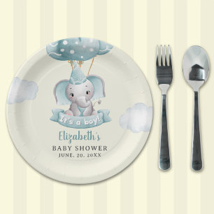 Adorable Gray Elephant Baby shower Boy Paper Plates