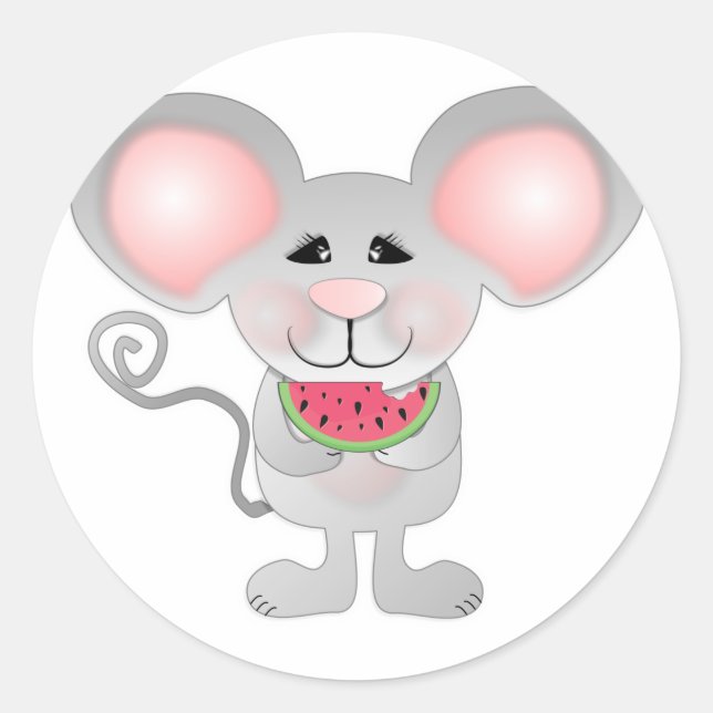 adorable gray mouse holding watermelon classic round sticker (Front)