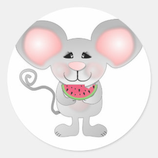 adorable gray mouse holding watermelon classic round sticker
