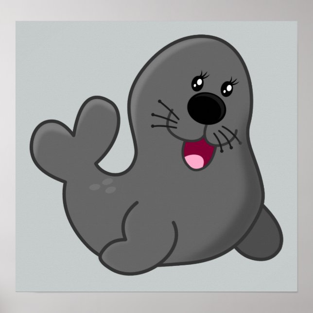 ADORABLE GRAY SEAL CARTOON HAPPY ANIMALS SEA CREAT POSTER (Front)