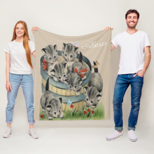 Adorable Gray Tabby Kittens In Basket Butterflies Fleece Blanket