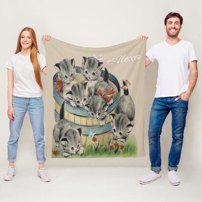Adorable Gray Tabby Kittens In Basket Butterflies Fleece Blanket (In Situ)