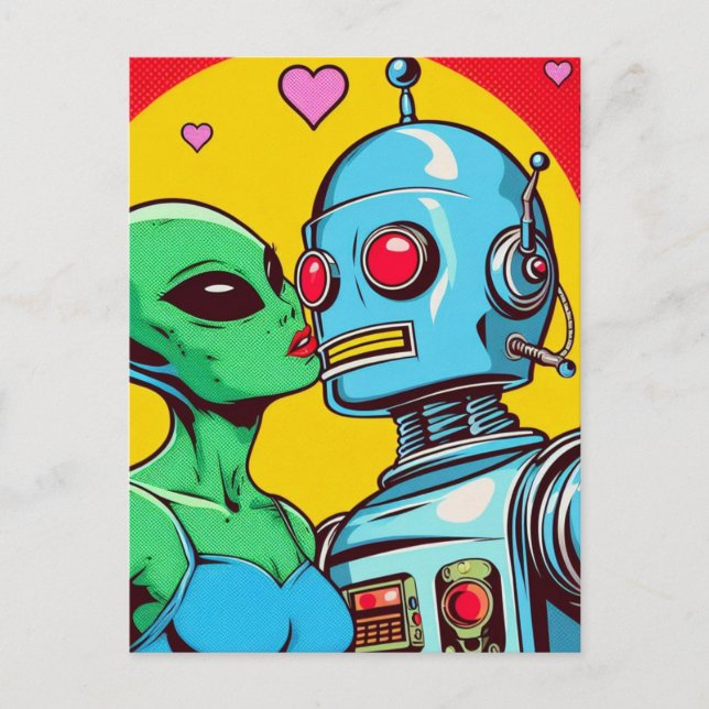 Adorable Green Alien in Love With a Robot Postcard (Front)