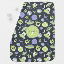 Adorable Green Aliens Space Ships UFO Kids Baby Blanket