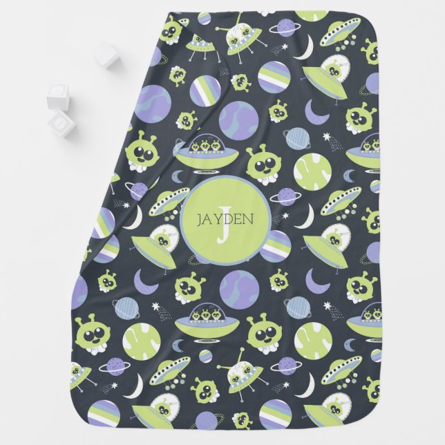 Adorable Green Aliens Space Ships UFO Kids Baby Blanket (In Situ)