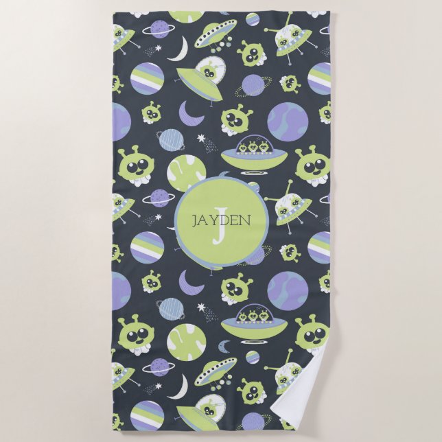 Adorable Green Aliens Space Ships UFO Kids Beach Towel (Front)