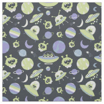 Adorable Green Aliens Space Ships UFO Kids Fabric