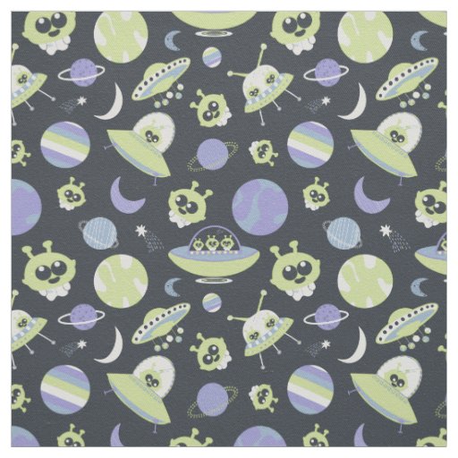 Adorable Green Aliens Space Ships UFO Kids Fabric