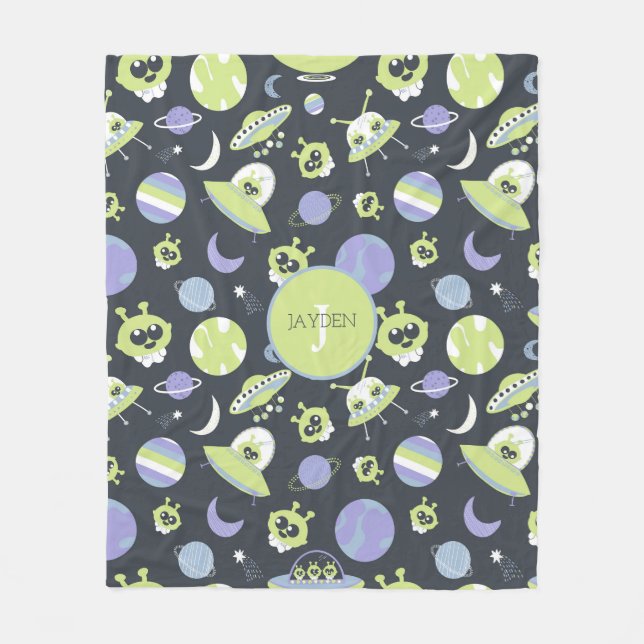 Adorable Green Aliens Space Ships UFO Kids Fleece Blanket (Front)