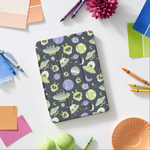 Adorable Green Aliens Space Ships UFO Kids Notebook