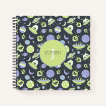 Adorable Green Aliens Space Ships UFO Kids Notebook