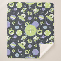Adorable Green Aliens Space Ships UFO Kids Sherpa Blanket