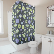 Adorable Green Aliens Space Ships UFO Kids Shower Curtain