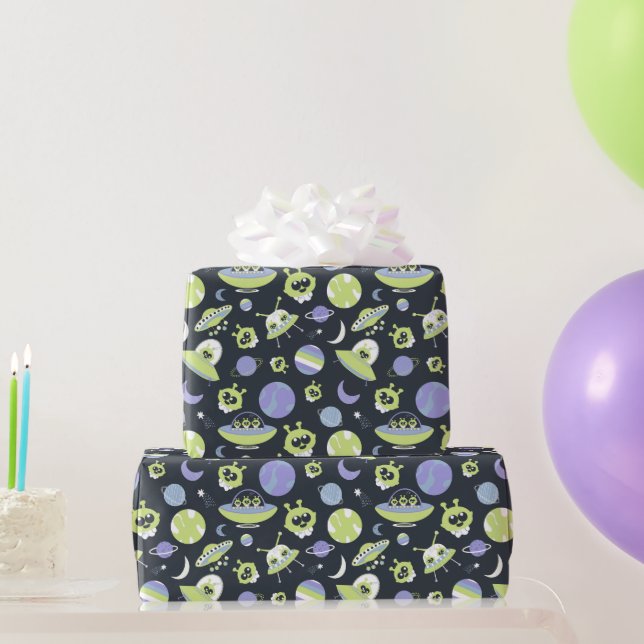 Adorable Green Aliens Space Ships UFO Kids Wrapping Paper (Party Gifts)