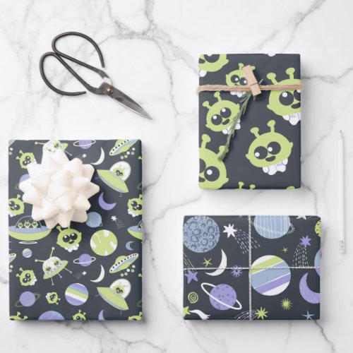 Adorable Green Aliens Space Ships UFO Kids Wrapping Paper Sheets