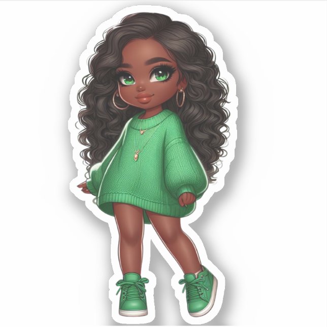 adorable green black chibi girl sticker (Front)