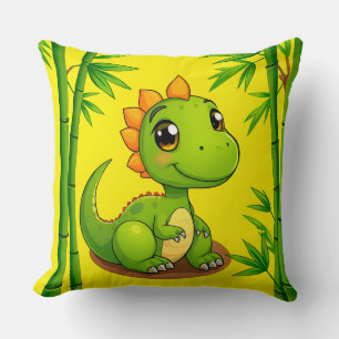 Adorable Green Cartoon Dinosaur Amid Bamboo Plants Throw Pillow