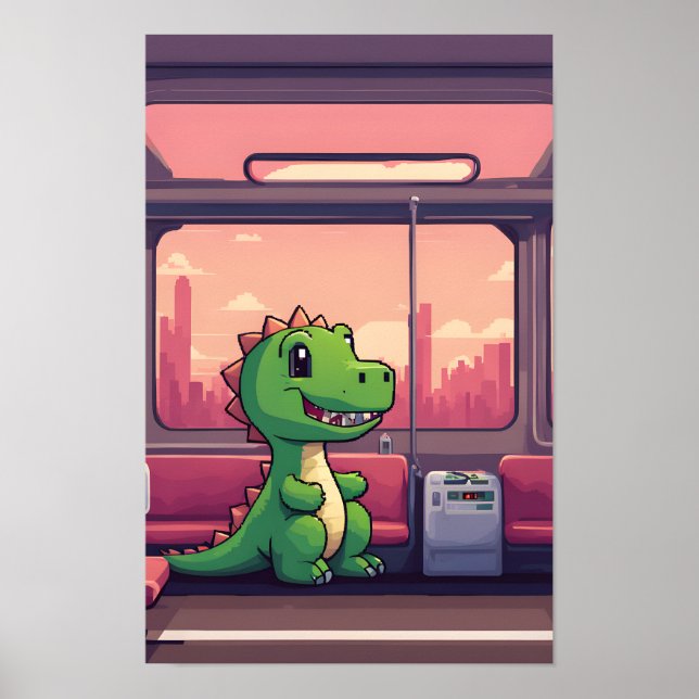 Adorable Green Dinosaur Riding the Train at Sunset Poster (Front)