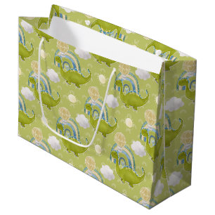 ADORABLE GREEN DINOSAURS WITH BLUE RAINBOWS LARGE GIFT BAG