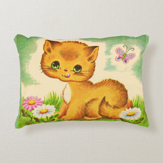 adorable green-eyed kitten print accent pillow (Front)