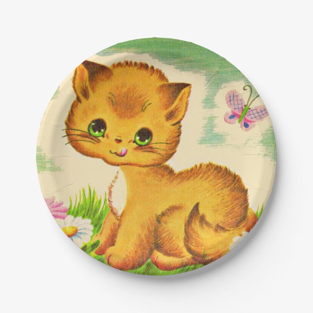 adorable green-eyed kitten print paper plates (Front)