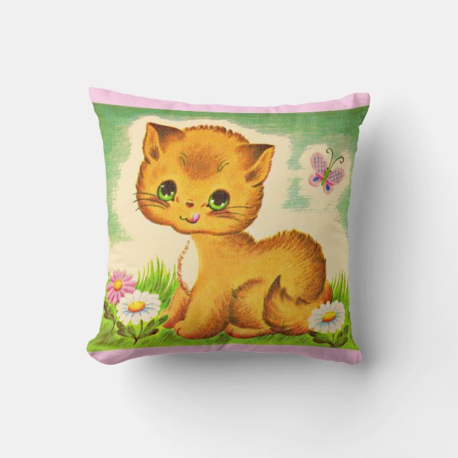 adorable green-eyed kitten print throw pillow (Front)