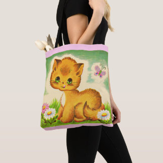 adorable green-eyed kitten print tote bag