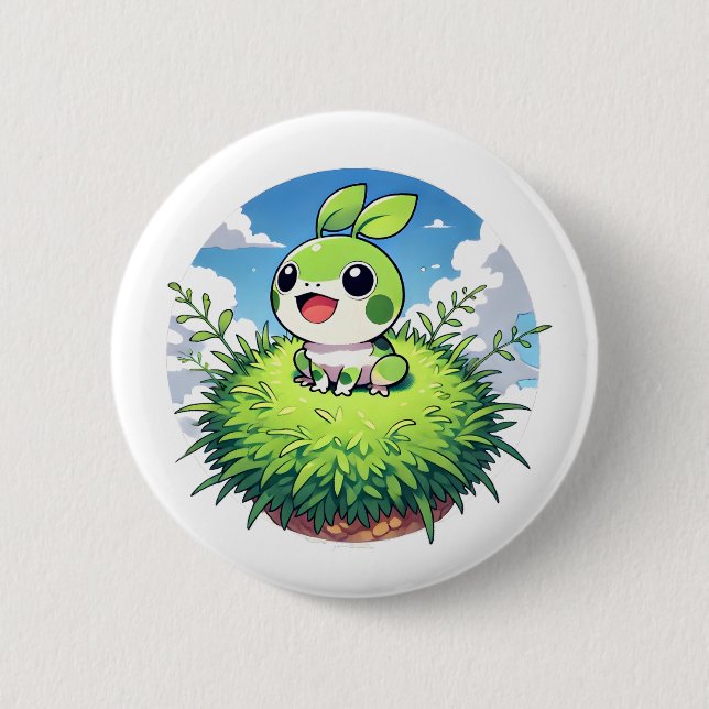 Adorable green frog with big eyes button (Front)