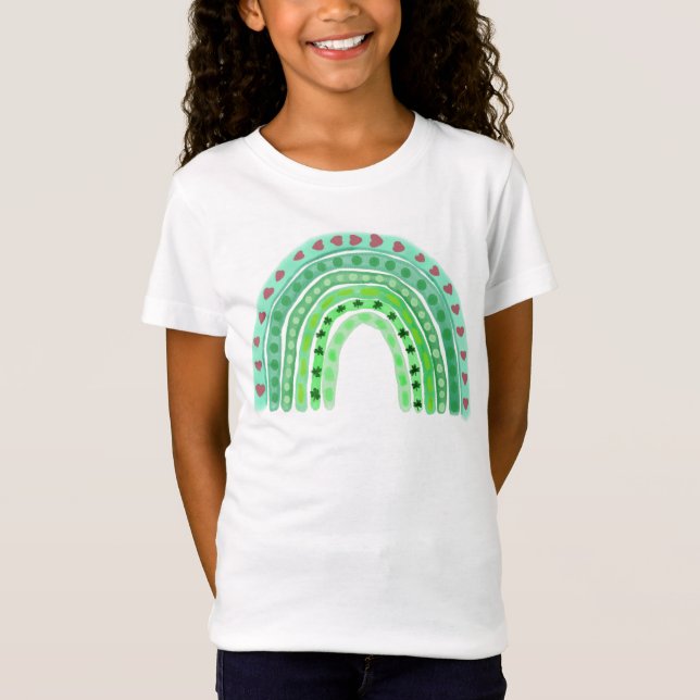 Adorable Green Shamrocks and Hearts Rainbow T-Shirt (Front)