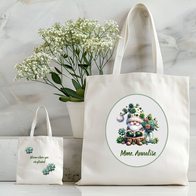 Adorable Green Watercolor Gnome Succulent  Tote Bag (Succulent Gnome Tote, Bloom where you are planted)