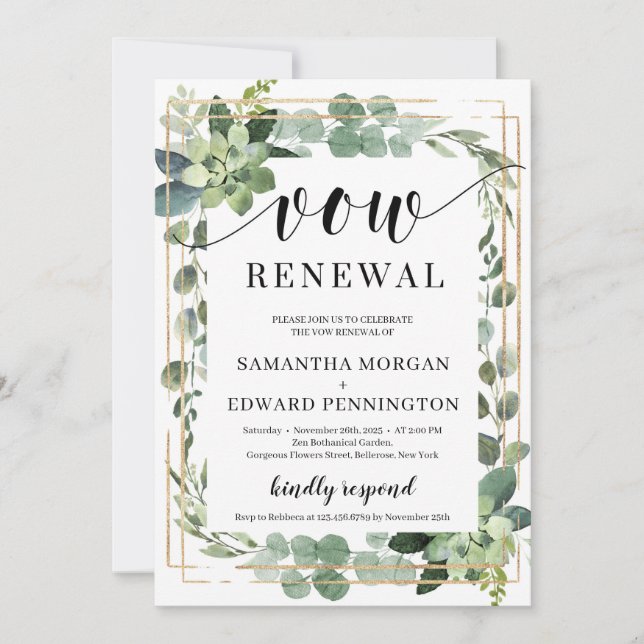 Adorable greenery succulent floral vow renewal invitation (Front)