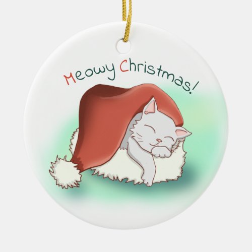 Adorable Grey Cartoon Cat Snoozing in Santa Hat Ceramic Ornament