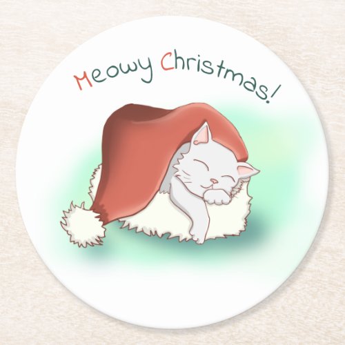 Adorable Grey Cartoon Cat Snoozing in Santa Hat Round Paper Coaster