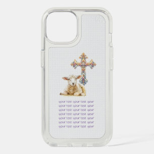 Adorable Grey Dot Christian Lamb Pastel Cross iPhone 15 Case