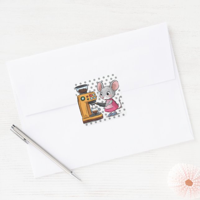 Adorable Grey Mouse Making Coffee Square Sticker (Envelope)
