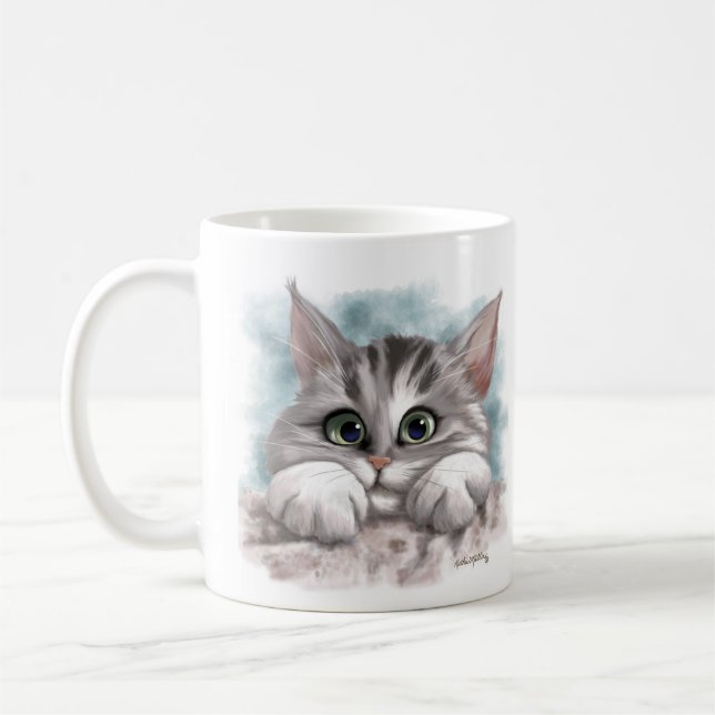 Adorable Grey Tabby Kitten Cartoon Coffee Mug (Left)