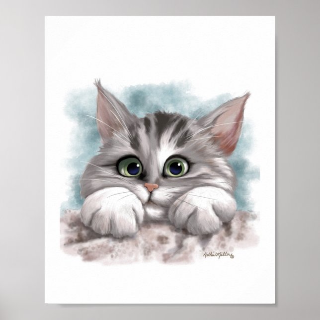 Adorable Grey Tabby Kitten Cartoon Poster (Front)