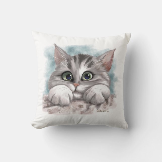 Adorable Grey Tabby Kitten Cartoon Throw Pillow (Front)
