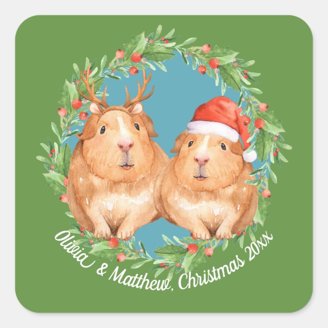 Adorable Guinea Pig Couple Christmas Square Sticker (Front)